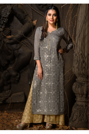 Grey Color Designer Chiffon Straight Cut Kurti